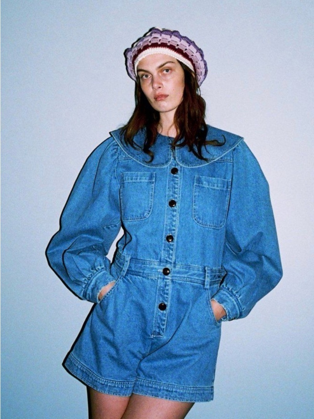 Sea New York Alyssa Denim Button-Front Romper in Classic Blue Peter Pan Collar
